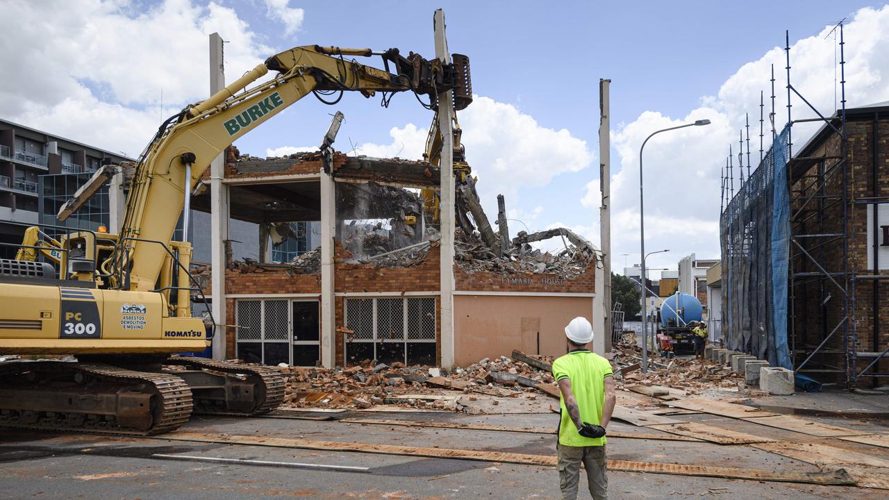 Demolition work on the site of the new Toowoomba head office of People First Bank (formerly Heritage Bank) at 502 Ruthven St, the former Shrine Catholic Church location, as seen from Annand St, Tuesday, February 18, 2025. Picture: Kevin Farmer