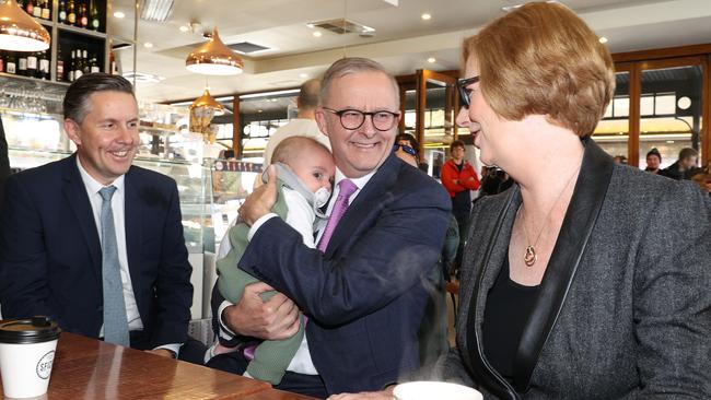 Federal Labor leader Anthony Albanese pictured in the South Australian electorate of Sturt this morning having a coffee with Julia Gillard and members from the SA Labor team with Charlie Butlerm the son of MP Mark Butler. Picture: Sam Ruttyn