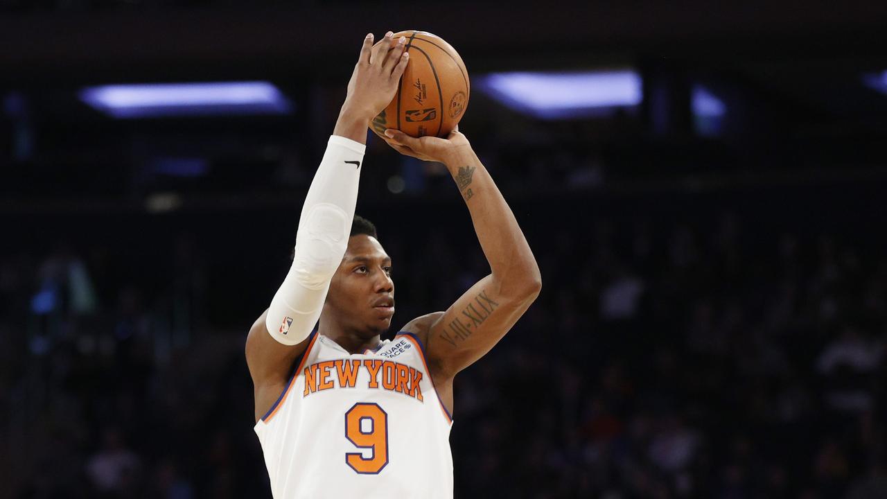 NEW YORK, NEW YORK – MARCH 20: RJ Barrett #9 of the New York Knicks shoots the ball during the first half against the Utah Jazz at Madison Square Garden on March 20, 2022 in New York City. NOTE TO USER: User expressly acknowledges and agrees that, by downloading and or using this photograph, User is consenting to the terms and conditions of the Getty Images License Agreement. Sarah Stier/Getty Images/AFP == FOR NEWSPAPERS, INTERNET, TELCOS &amp; TELEVISION USE ONLY ==