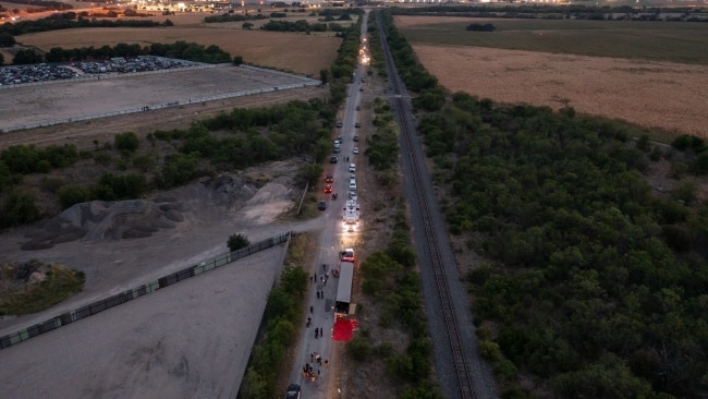 The 18-wheeler truck was discovered on the side of a road near a railway track in an undeveloped area south-west of San Antonio. Picture: Jordan Vonderhaar/Getty Images/AFP