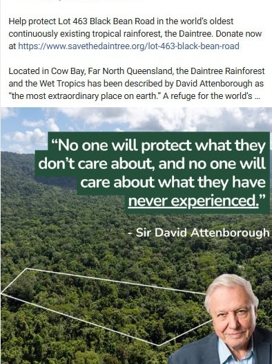 A sponsored Facebook post using David Attenborough to solicit donations. Picture: Facebook