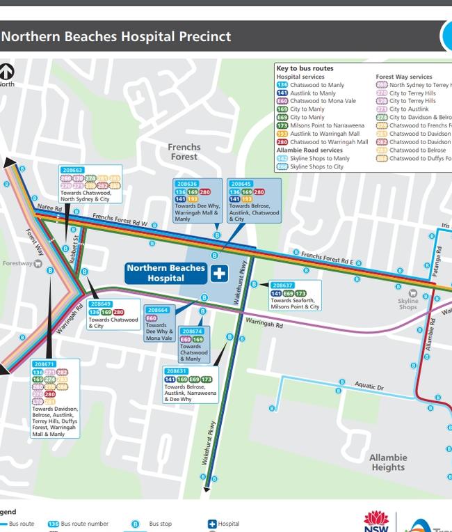 Transport NSW map showing bus routes around the Northern Beaches Hospital.