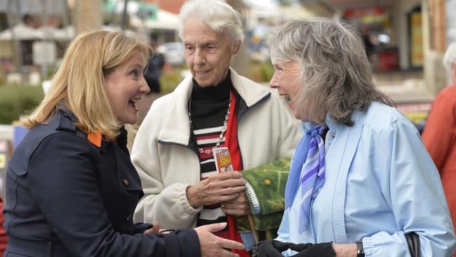 Centre Alliance candidate Rebekha Sharkie campaigning at a pre-poll booth in Victor Harbor. Picture: AAP Image/David Mariuz