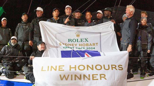 The Sydney to Hobart crew of Law Connect after arriving in Hobart and winning line honours in the early hours of Saturday 28th December 2024. Picture: Linda Higginson