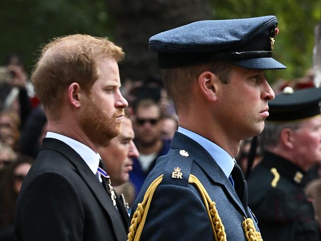 (FILES) In this file photo taken on September 19, 2022 Britain's Prince William, Prince of Wales (R) and Britain's Prince Harry, Duke of Sussex, follow the coffin of Queen Elizabeth II from Westminster Abbey to Wellington Arch in London after the State Funeral Service. - Britain's Prince Harry recounts in his new book how he was physically "attacked" by his older brother Prince William during an argument in 2019, the Guardian reported on January 4, 2023. (Photo by Paul ELLIS / POOL / AFP)