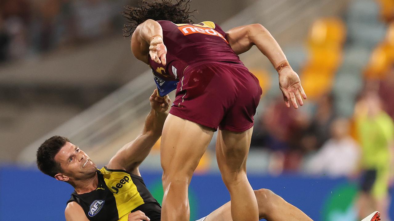 In pictures: The moment Cam Rayner took down Trent Cotchin. Picture: Michael Klein