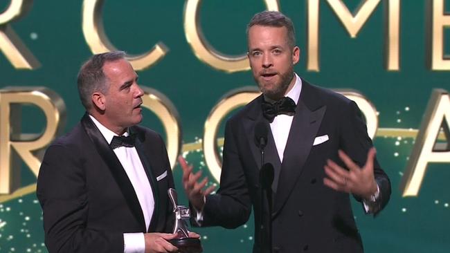 Hamish Blake accepted the first award of the night on behalf of Lego Masters for Most Outstanding Entertainment or Comedy Program. Picture: Nine