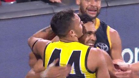 Sydney Stack hugs Eddie Betts after his miraculous goal. Picture: Channel 7