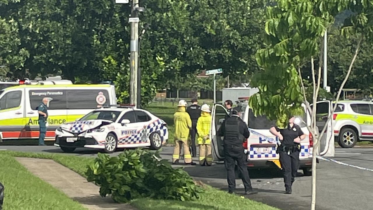 There has been a two car crash involving a stolen police car in Woree outside the IGA. Picture: Catherine Duffy