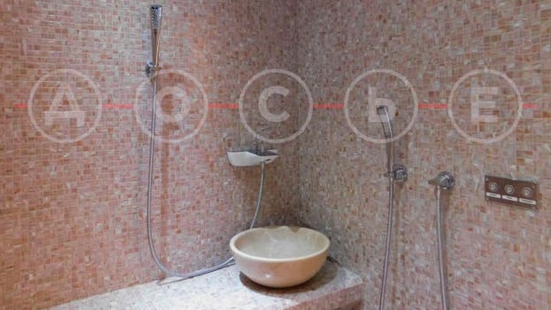 A pink bathroom houses a full Turkish steam bath and shower. Picture: The Dossier Centre.