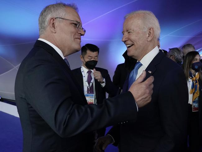 Australian Prime Minister Scott Morrison attends the G20 Official Welcome and Family photo and chats with US President Joe Biden in Rome on Saturday, October 30, 2021. Picture: Adam Taylor