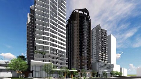 Artist impressions of the towers as part of Silk Lane in Woolloongabba from the original development application.