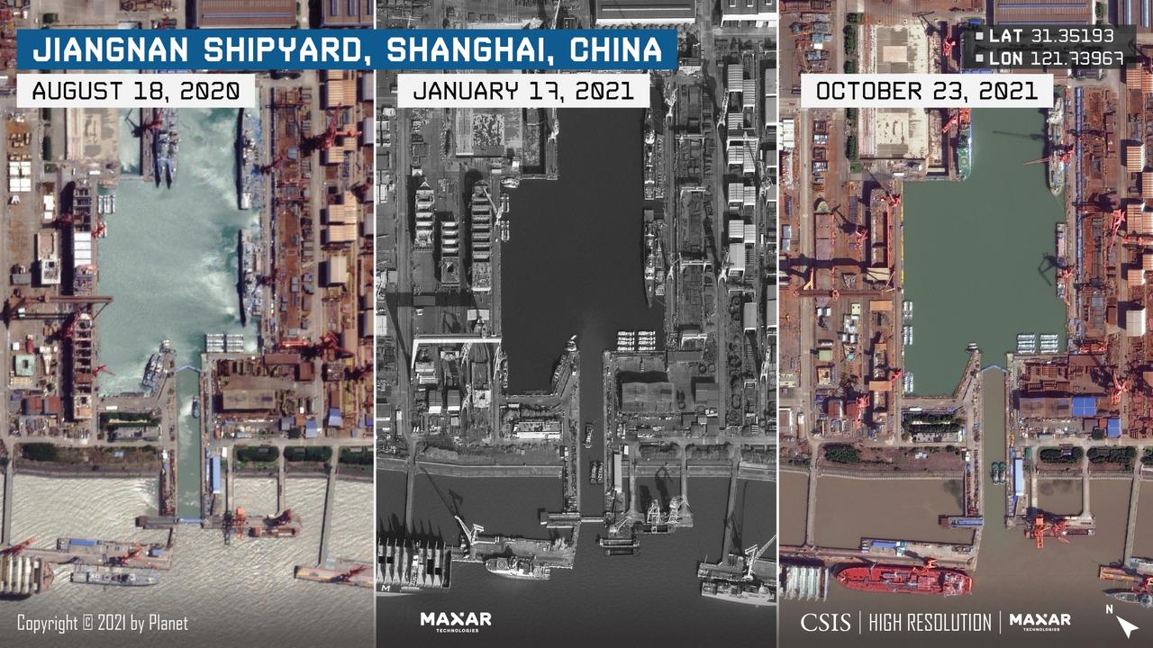 Varying numbers of PLAN surface combatants are visible over time in the floodable basin at Jiangnan Shipyard. Picture: CSIS.