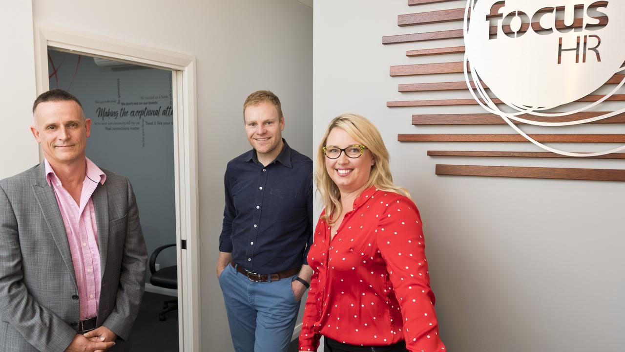 Looking forward to the reimagined Business Excellence Awards are (from left) Toowoomba Chamber of Commerce CEO Todd Rohl with Focus HR directors Alistair Green and Naomi Wilson. Picture: Kevin Farmer