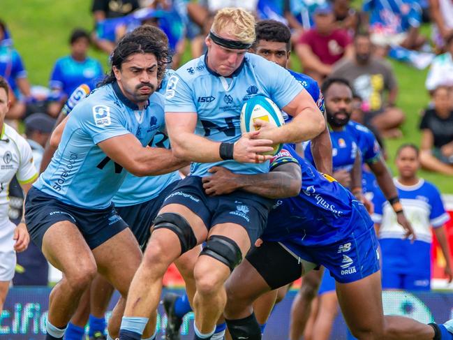 LAUTOKA, FIJI - APRIL 19: Jamie Adamson of the Waratahs with the ball during the round 10 Super Rugby Pacific match between Fijian Drua and NSW Waratahs at Churchill Park, on April 19, 2025, in Lautoka, Fiji. (Photo by Pita Simpson/Getty Images)
