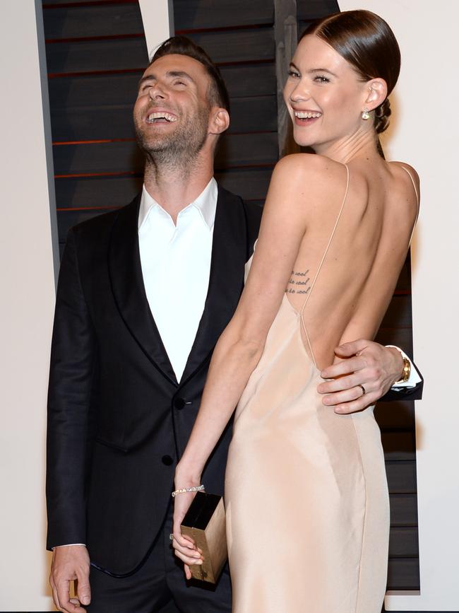 Adam Levine and Behati Prinsloo arrive at the 2015 Vanity Fair Oscar Party. Picture: AP