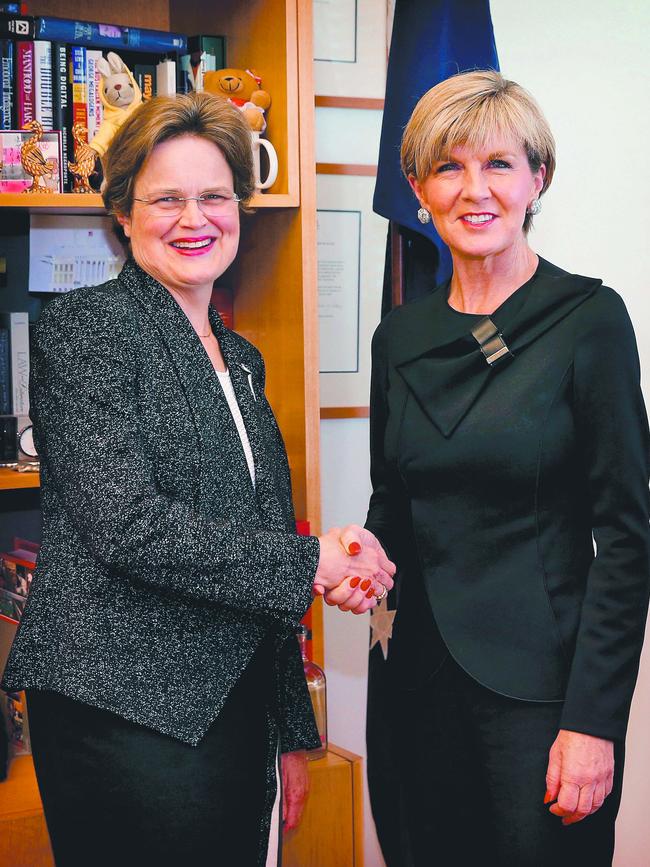 Frances Adamsonn, Secretary of the Department of Foreign Affairs and Trade, meeting with Foreign Affairs Minister Julie Bishop at Parliament House in Canberra. Photo: Kym Smith