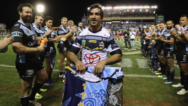 The Sharks presented Thurston with a unique jersey. (Photo by Mark Evans/Getty Images)