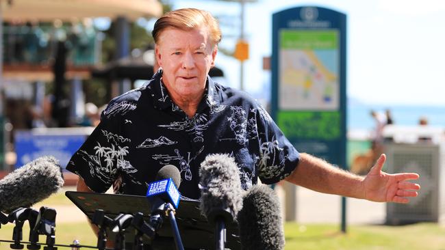 Wayne ‘Rabbit’ Bartholomew during a press conference held by Queensland Premier Annastacia Palaszczuk at Burleigh Heads Mowbray Park SLSC. Picture: Newscorp / Scott Powick