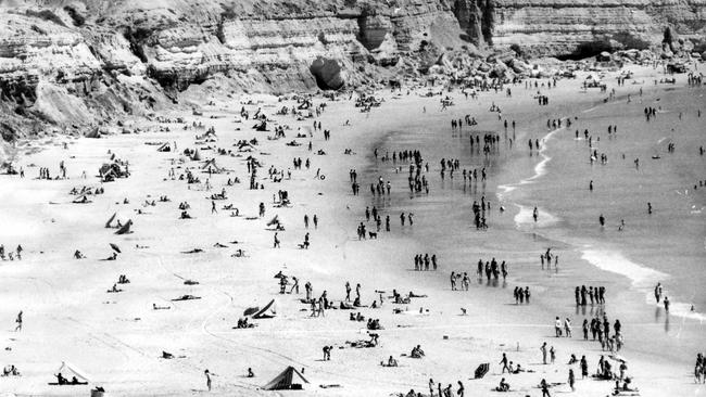 Aerial view of nude bathers on Maslin Beach 1975.