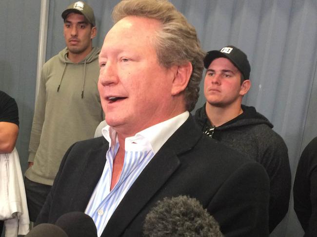 Billionaire and philanthropist Andrew Forrest speaks during a press conference at the Australian Rugby Union (ARU) headquarters in St Leonards, Sydney, Friday, August 11, 2017. Mr Forrest has vowed to back Western Force as the rugby union team prepares to take the Australian Rugby Union (ARU) to court after being axed from the Super Rugby competition. (AAP Image/Justin Chadwick) NO ARCHIVING