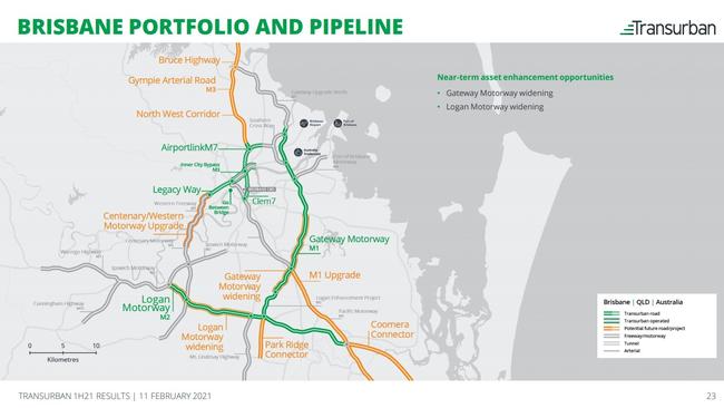 The February 2021 Transurban map showing the Coomera Connector listed as a potential future road project and marked in orange.