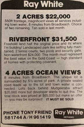 Cheap Gold Coast property. Advertisements from the Gold Coast Bulletin, July 1985