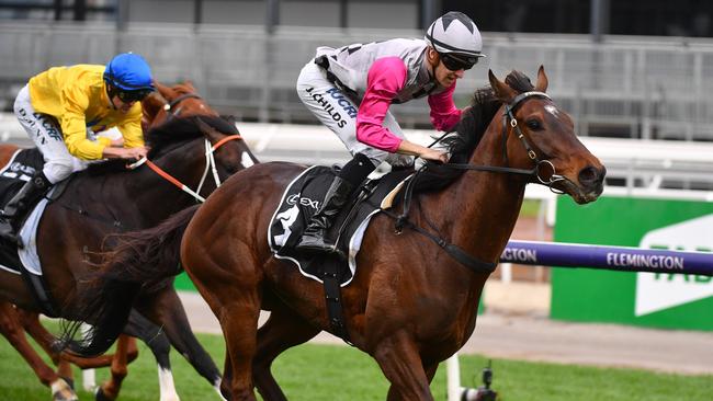 Jordan Childs rode Surprise Baby to victory in the Bart Cummings, during Turnbull Stakes Day at Flemington Racecourse in Melbourne, Saturday, October 5, 2019