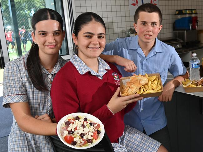 29/1/25. St George College has Kalimera cafe as opposed to canteen, which is working really well - students Elena Drouganis - 14, Alexandra Kouvoussis - 15 and Theo Markobotsaris - 15yrs.Picture: Keryn Stevens