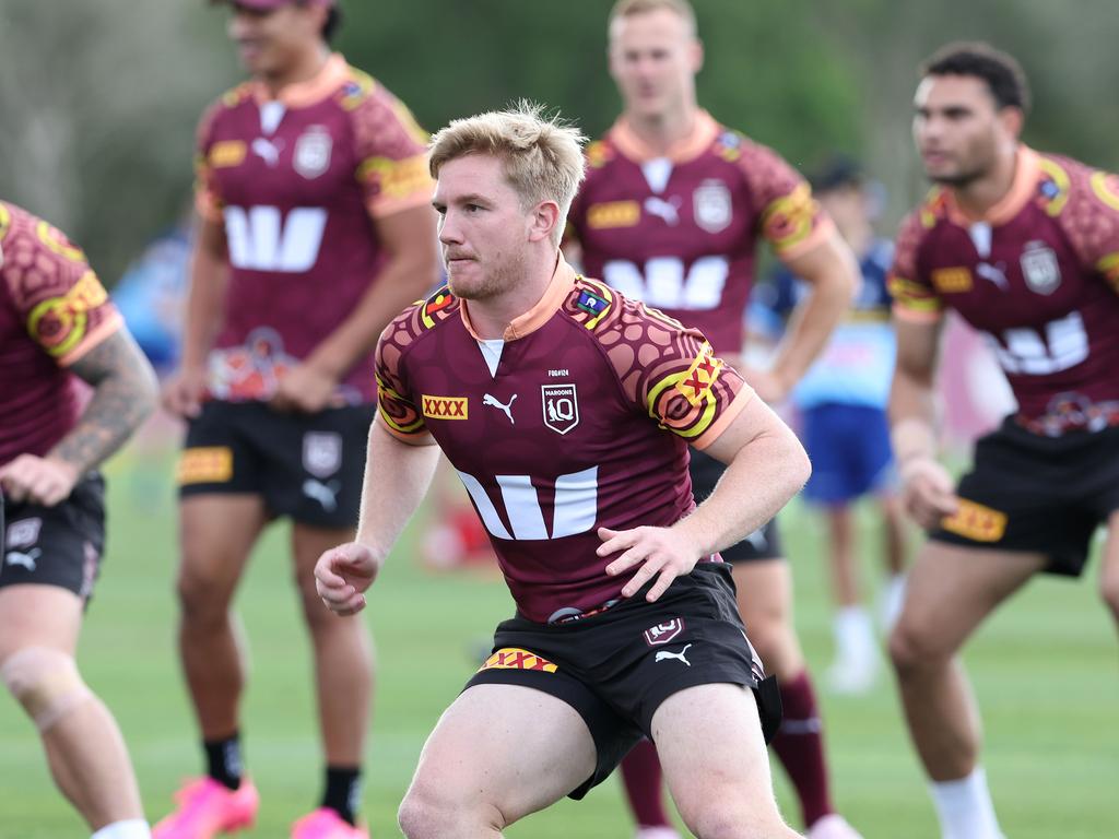 Harry Grant jokingly claims Maroons teammate Tom Dearden has been talking himself up in Queensland camp. Picture: Adam Head