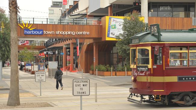 A City Circle tram outside Harbour Town Shopping Centre in Docklands. Tram lines were extended into the Docklands in 2003.