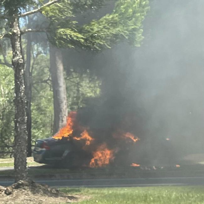 A photo of the car fire at Upper Coomera on Monday, posted to the Tamborine Mountain Disaster and Emergency Preparedness Facebook page.