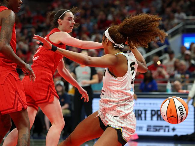 Angel Reese #5 of the Chicago Sky takes a hard foul from Caitlin Clark #22 of the Indiana Fever. Picture: Gregory Shamus/Getty Images
