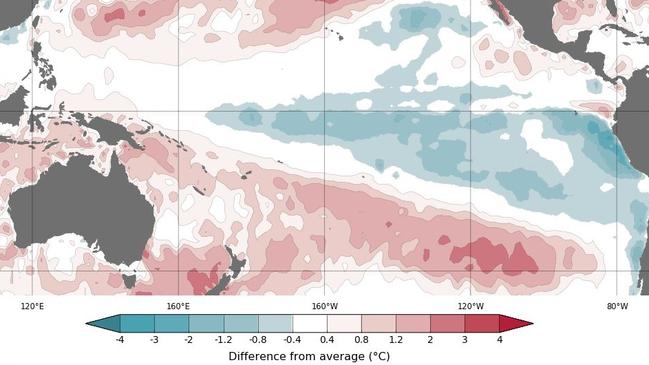 The Bureau of Meteorology’s gauge of sea surface temperature anomalies from May still shows warmer than average waters around much of Australia. Picture: BOM>