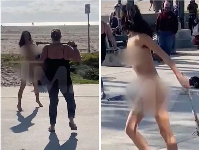 A naked woman was caught on camera squaring off with a woman wielding a spiked club in Los Angeles. Picture: TMZ