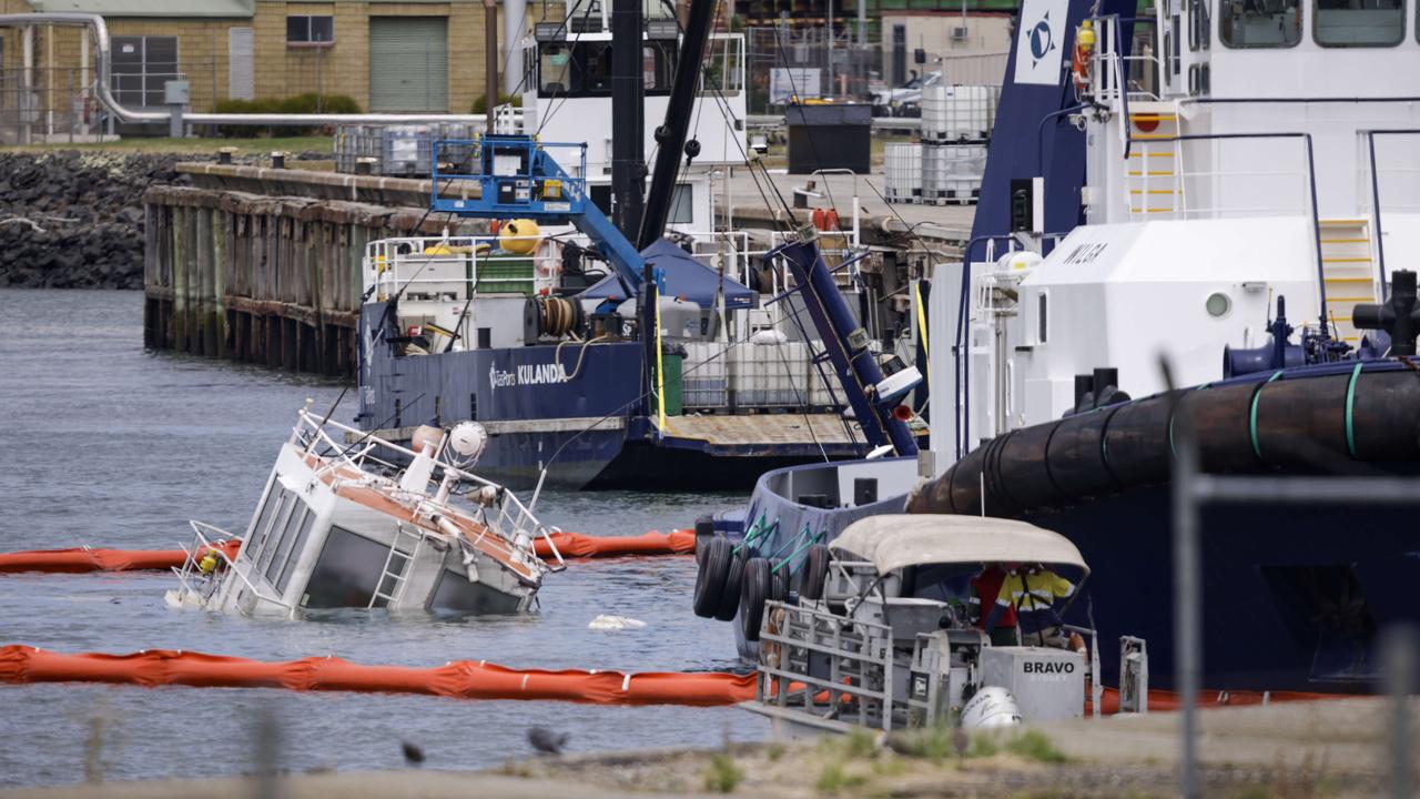 Sunken tug boats at Devonport wharf after being hit by cement carrier GOLIATH. Picture: Grant Viney