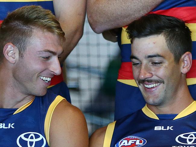 AFL - CROWS MEDIA DAY at West Lakes Headquarters. Daniel Talia and Taylor Walker have a laugh while they wait for team photo. Photo Sarah Reed.