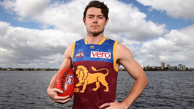 Lions recruit Lachie Neale tries out his new colours.