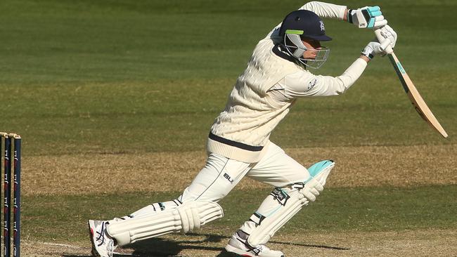 Victorian century-maker Peter Handscomb drives masterfully against South Australia at the MCG. Picture: Hamish Blair (AAP).