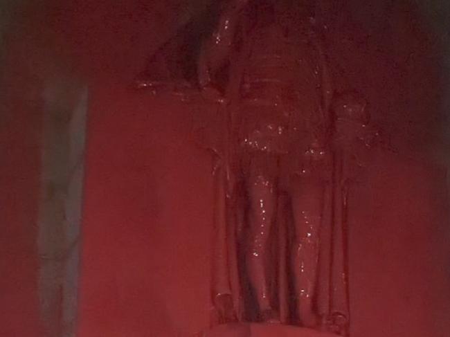 The monument to King George V is sprayed with red paint. Picture: Instagram