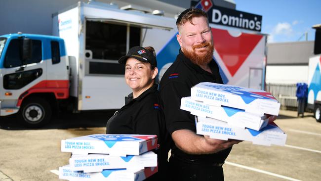 Domino's Hermit Park owners Elizabeth and Jason McInnes are operating from a mobile pizza kitchen while their store undergoes renovations. Picture: Shae Beplate.