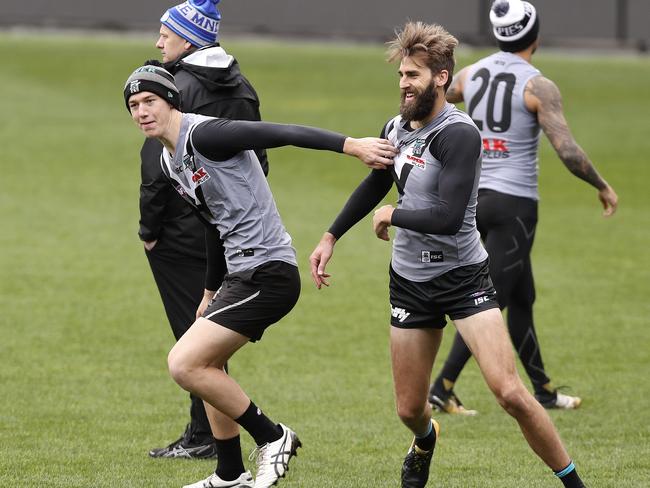 13/06/18 - AFL - Port Adelaide training at The Adelaide Oval. Justin Westhoff and Todd Marshall.  Picture SARAH REED