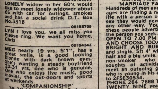 A classified ad placed in the The Daily Telegraph by Chris Dawson asking wife Lyn to come home over two months after her disappearance in 1982.