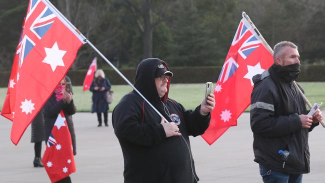 Anti-maskers gathered at the Shrine of Remembrance on Friday morning. Picture: David Crosling