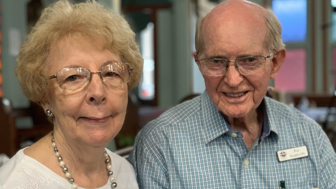 Margaret Reddicliffe and Reverend Dr. Ray Reddicliffe sit together in St Paul’s Uniting Church on Saturday. Picture: Duncan Evans