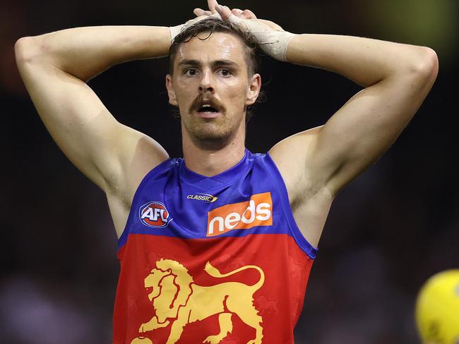 AFL Round 3.   01/04/2021.  Collingwood vs Brisbane Lions at Marvel Stadium, Melbourne.  Joe Daniher of the Lions stands the mark during the 1st qtr.    . Pic: Michael Klein