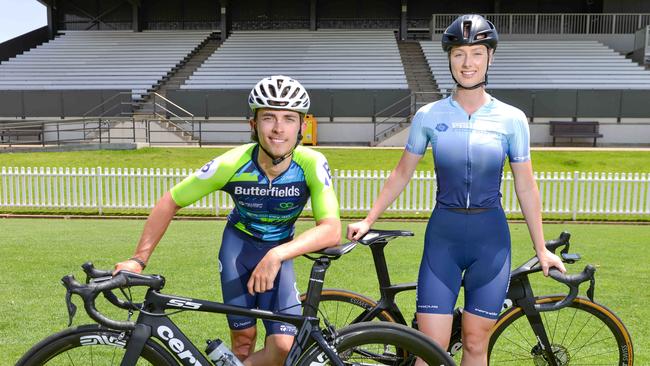 Cycling SA's Super Series elite men and women leaders Tristan Saunders and Chloe Moran at Unley Oval. Picture: AAP/ Brenton Edwards