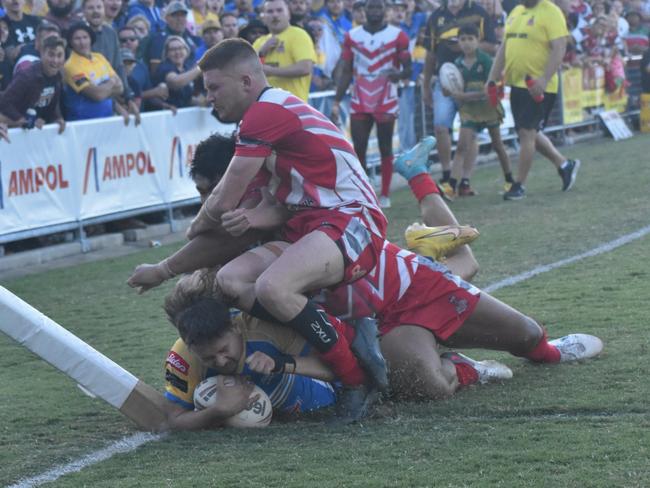 Yeppoon winger Jacob Voysey-McGrath goes in for the match winner in the A-grade men's grand final.