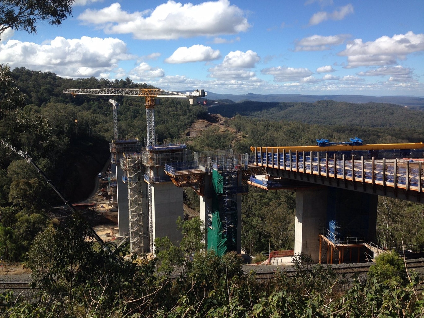 The installation of the first span of Super T girders on the viaduct of the Toowoomba Second Range Crossing in July 2017. Picture: Contributed