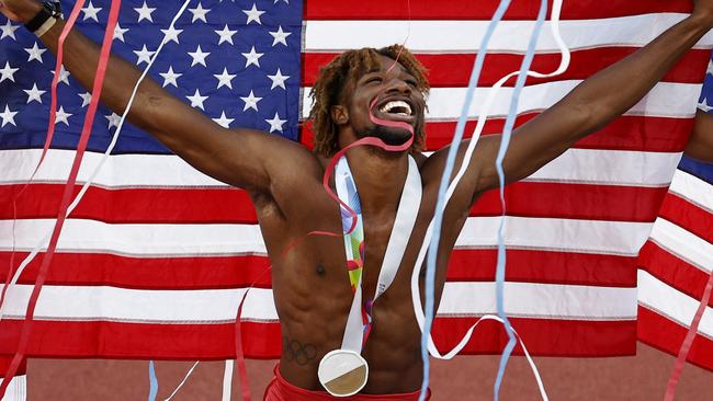 EUGENE, OREGON - JULY 21: Noah Lyles of Team United States celebrates winning gold in the Men's 200m Final on day seven of the World Athletics Championships Oregon22 at Hayward Field on July 21, 2022 in Eugene, Oregon. (Photo by Steph Chambers/Getty Images)